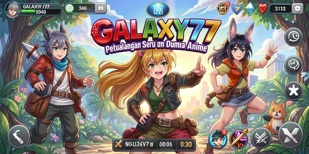 Tangkapan layar utama GALAXY77 menampilkan pertarungan seru dengan karakter anime.