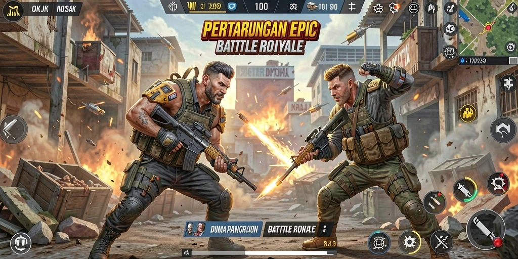 Tampilan gameplay OKJK dengan aksi Battle Royale yang mendebarkan.