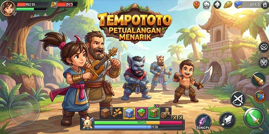 Screenshot gameplay TEMPOTOTO menampilkan aksi seru dan karakter yang berwarna-warni.